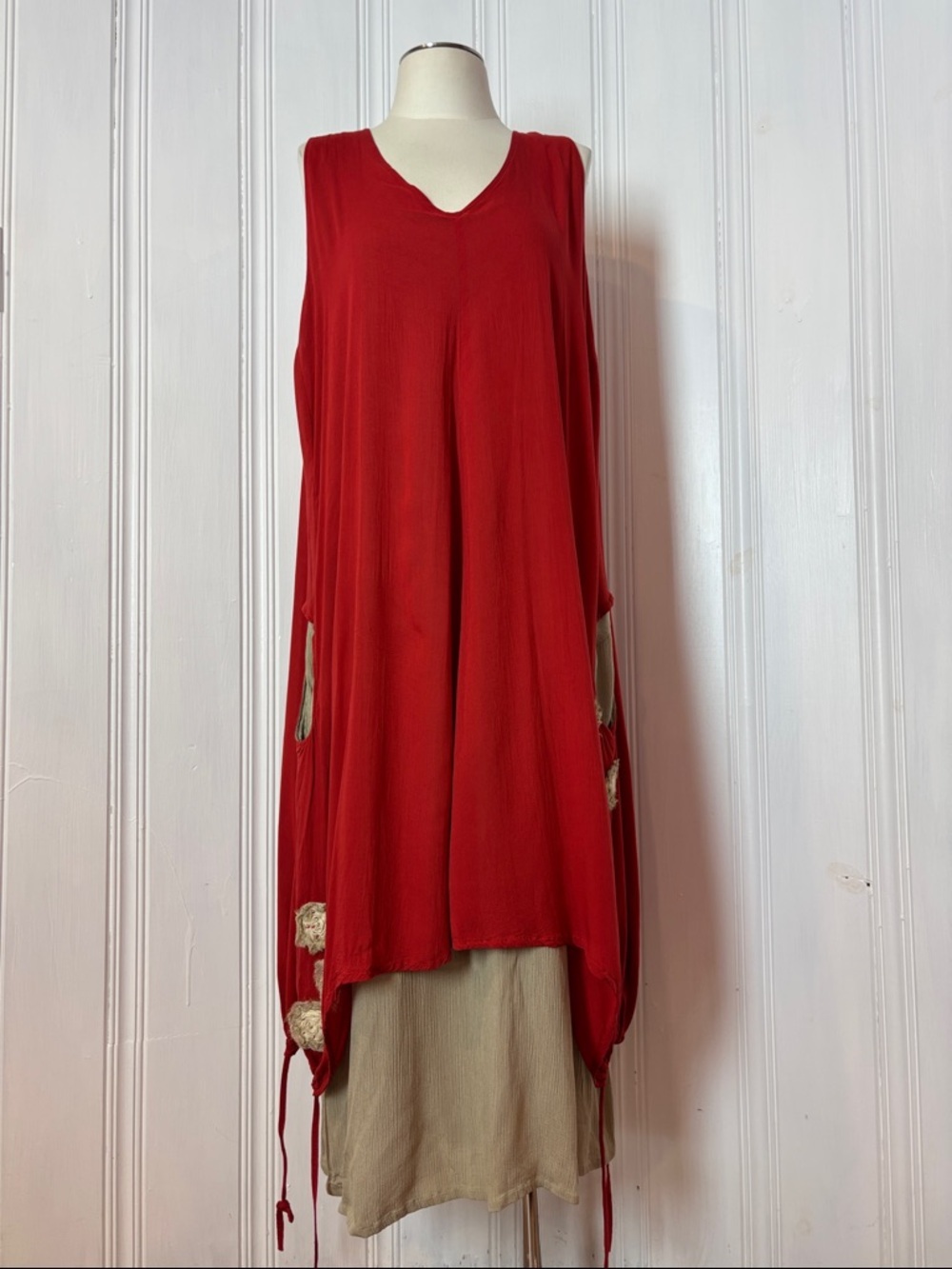 Tara Vao Red Beige Boho Layered Rayon Dress Size 3X